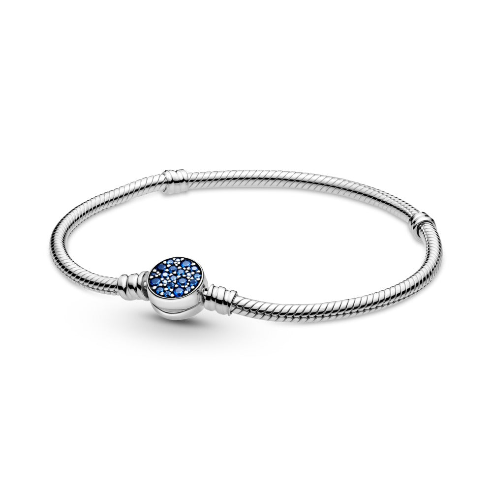 Pandora Moments Sparkling Blue Disc Clasp Snake Chain Bracelet, 9.1"