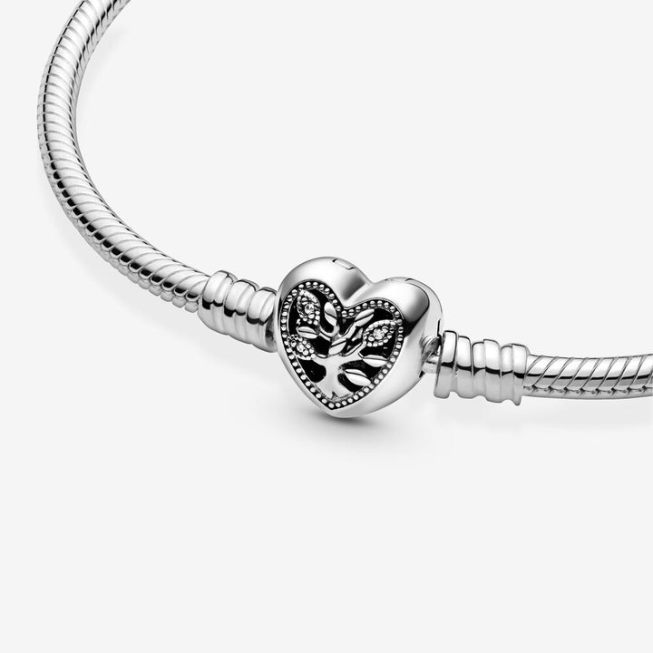 Pandora Moments Family Tree Heart Clasp Snake Chain Bracelet, 7.9"