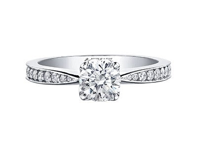 white gold multi-stone engagement ring with round cut natural Canadian Maple Leaf diamond engagement ring with shoulders coming to a point at the setting and diamond accented shoulders