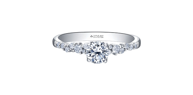 white gold natural Canadian diamond engagement ring with round cut center and shoulders diamonds set in an offset pattern